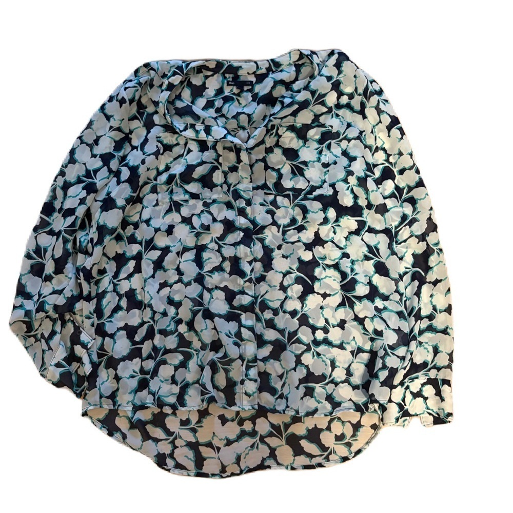 GAP Blue and White Floral Blouse XL Button Neck Long Sleeve Career